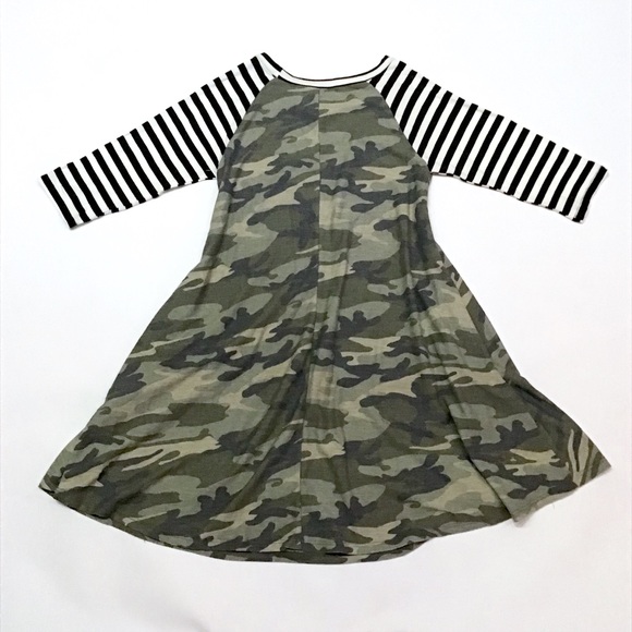 Camo 3/4 Striped Sleeve Pockets Swing Dress - Picture 3 of 5